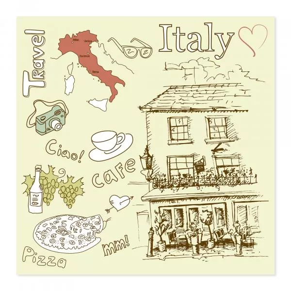 Skizze: Pizza, Wein, Café, Sehenswürdigkeiten, "Ciao!" - Italien-Motive. Skizze: Pizza, Wein, Café, Sehenswürdigkeiten, "Ciao!" - Italien-Motive.