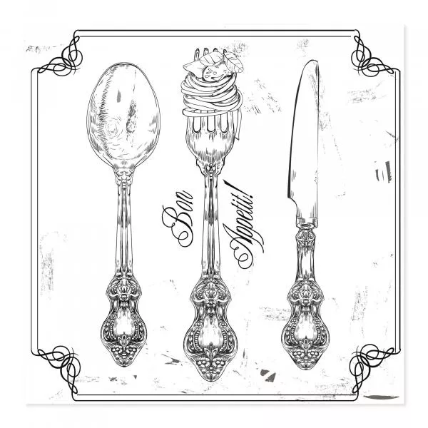 Elegante Menükarte, Vintage-Besteck, Spaghetti auf Gabel. Elegante Menükarte, Vintage-Besteck, Spaghetti auf Gabel.