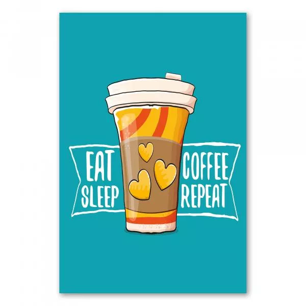 Coffee-to-go Becher mit "Eat Sleep Coffee Repeat", türkiser Hintergrund. Coffee-to-go Becher mit "Eat Sleep Coffee Repeat", türkiser Hintergrund.