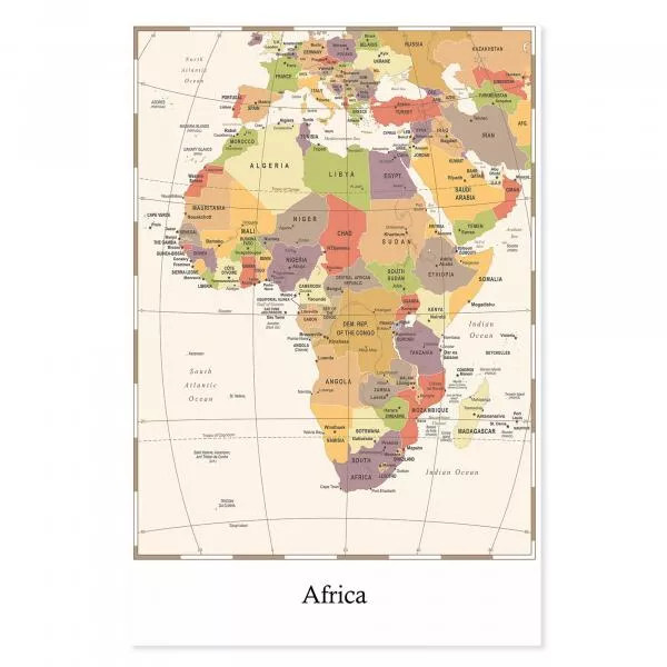 Detaillierte Karte Afrikas, Ländergrenzen, Städte, Pastellfarben, Vintage-Stil. Detaillierte Karte Afrikas, Ländergrenzen, Städte, Pastellfarben, Vintage-Stil.