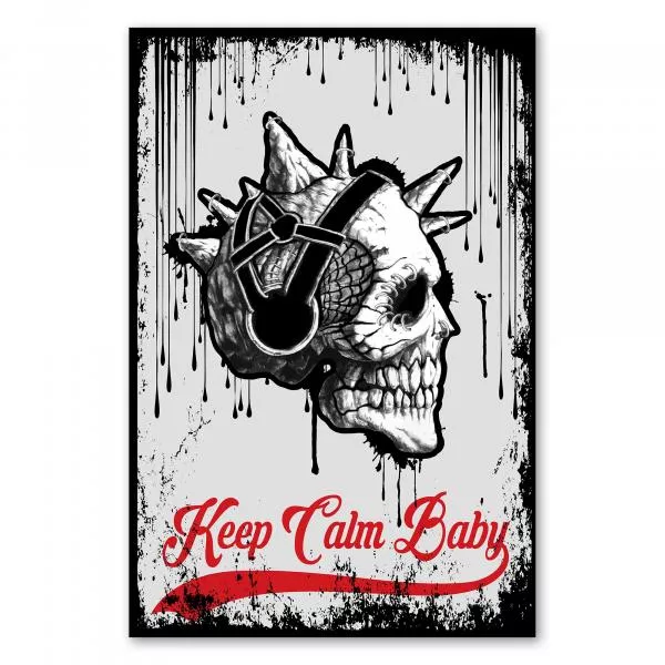 Entspannter Totenkopf mit Iro und Kopfhörern im Graffiti-Stil. Darunter der Spruch: "Keep Calm Baby". Entspannter Totenkopf mit Iro und Kopfhörern im Graffiti-Stil. Darunter der Spruch: "Keep Calm Baby".