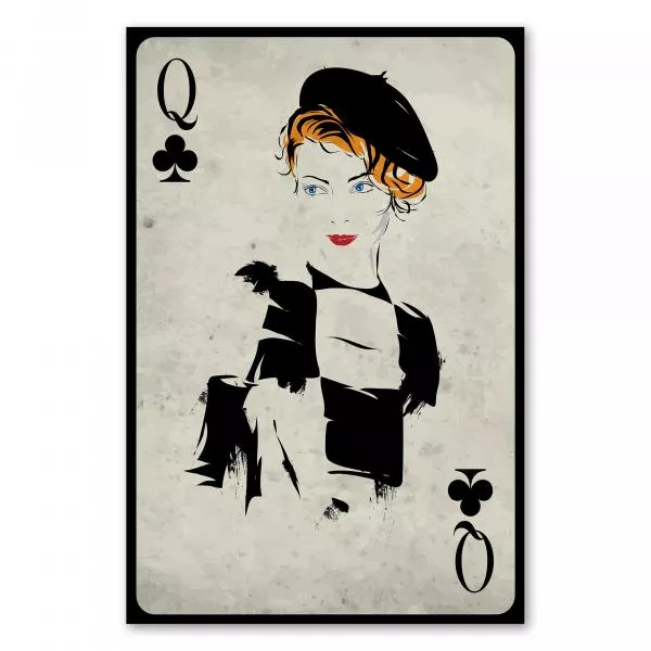 Spielkarte Kreuz Dame mit charmanter Frau mit rotem Haar und Baskenmütze. Spielkarte Kreuz Dame mit charmanter Frau mit rotem Haar und Baskenmütze.