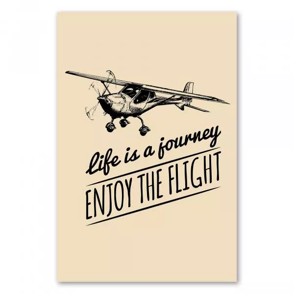 Kleines Flugzeug über den Wolken, Schriftzug "Life is a journey, enjoy the flight". Kleines Flugzeug über den Wolken, Schriftzug "Life is a journey, enjoy the flight".