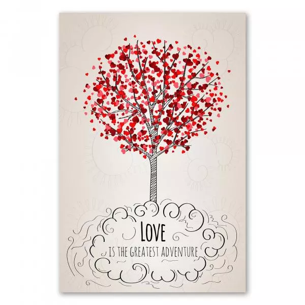 Handgezeichneter Baum, rote Herzen als Blätter, "Liebe ist das größte Abenteuer". Handgezeichneter Baum, rote Herzen als Blätter, "Liebe ist das größte Abenteuer".