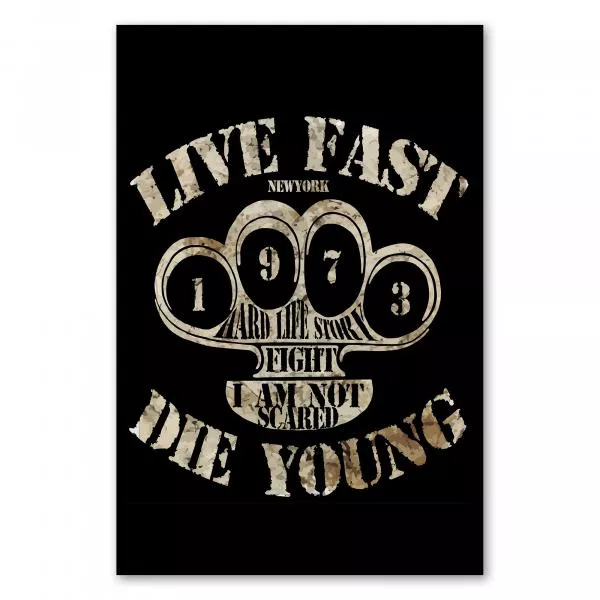 "Live Fast Die Young. Hard Life Story - Fight - I am not scared" - ein Motiv im New York Style mit einer harten Faust. "Live Fast Die Young. Hard Life Story - Fight - I am not scared" - ein Motiv im New York Style mit einer harten Faust.