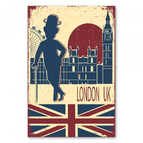 Illustration im Retro-Stil mit Big Ben, London Eye und einem Gentleman mit Melone.