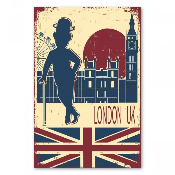 Illustration im Retro-Stil mit Big Ben, London Eye und einem Gentleman mit Melone. Illustration im Retro-Stil mit Big Ben, London Eye und einem Gentleman mit Melone.