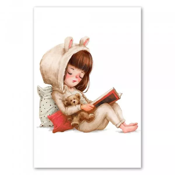 Mädchen in Hasenkostüm, kuschelt mit Teddy & liest Buch - gemütlich. Mädchen in Hasenkostüm, kuschelt mit Teddy & liest Buch - gemütlich.