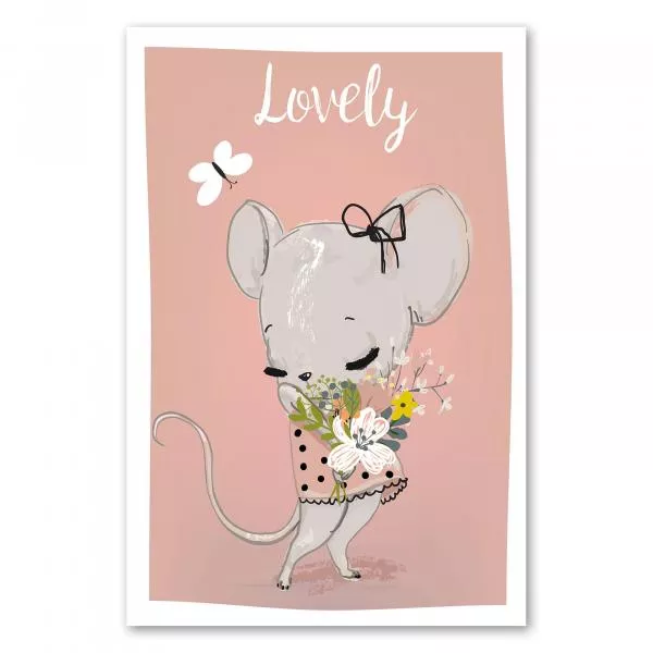 Bezaubernde Maus mit Blumenstrauß und Schleife. Poster und Leinwand fangen die niedliche und bunte Glücksstimmung ein. Bezaubernde Maus mit Blumenstrauß und Schleife. Poster und Leinwand fangen die niedliche und bunte Glücksstimmung ein.