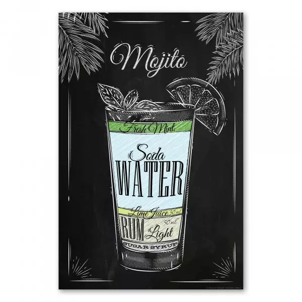 Ansprechendes Poster im Kreidestil mit Mojito-Cocktail und seinen Zutaten auf schwarzem Hintergrund. Ansprechendes Poster im Kreidestil mit Mojito-Cocktail und seinen Zutaten auf schwarzem Hintergrund.