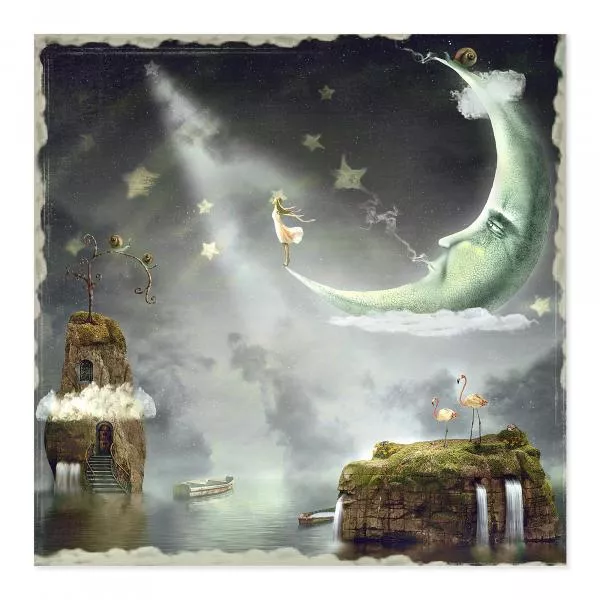 Verträumte Fantasiewelt mit Mondgesicht, auf das eine Frau klettert, Inseln mit Wasserfällen und Flamingos. Verträumte Fantasiewelt mit Mondgesicht, auf das eine Frau klettert, Inseln mit Wasserfällen und Flamingos.