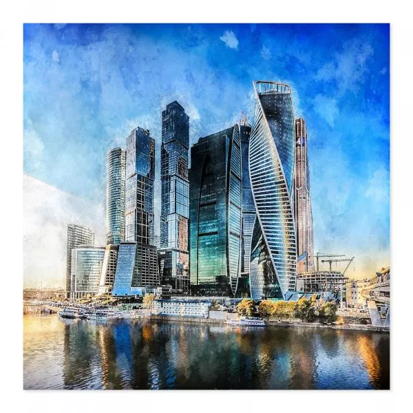 Skyline Moskaus mit Wolkenkratzern, Spiegelung im Fluss, digitaler Watercolor Stil. Skyline Moskaus mit Wolkenkratzern, Spiegelung im Fluss, digitaler Watercolor Stil.