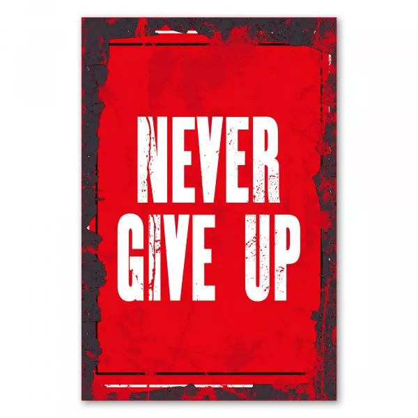 Motivationsspruch auf rotem Hintergrund: „Never give up“ ermutigt zum Durchhalten, egal wie schwierig. Motivationsspruch auf rotem Hintergrund: „Never give up“ ermutigt zum Durchhalten, egal wie schwierig.