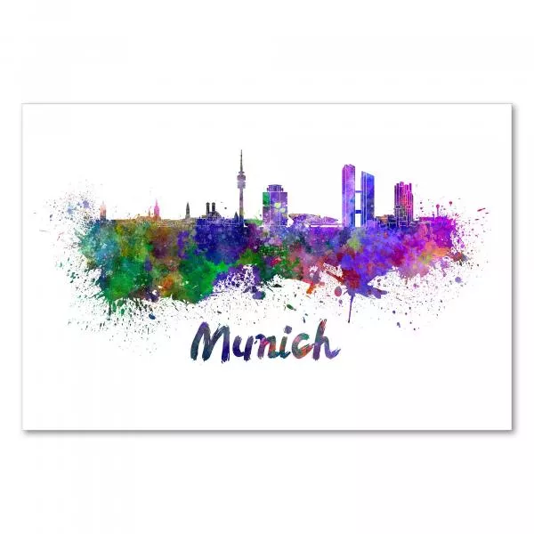Die Skyline von München, eingefangen in bunten Wasserfarben - ein modernes Kunstwerk für Reiseliebhaber. Die Skyline von München, eingefangen in bunten Wasserfarben - ein modernes Kunstwerk für Reiseliebhaber.