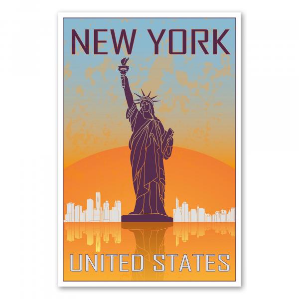 "New York" - ein Retro-Reiseposter mit der Freiheitsstatue und der Skyline der Stadt im Stil der 50er Jahre.