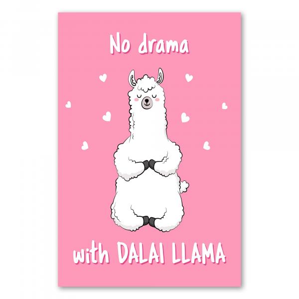Lama meditiert auf rosa Hintergrund mit Herzen & Spruch "No Drama with Dalai Lama".