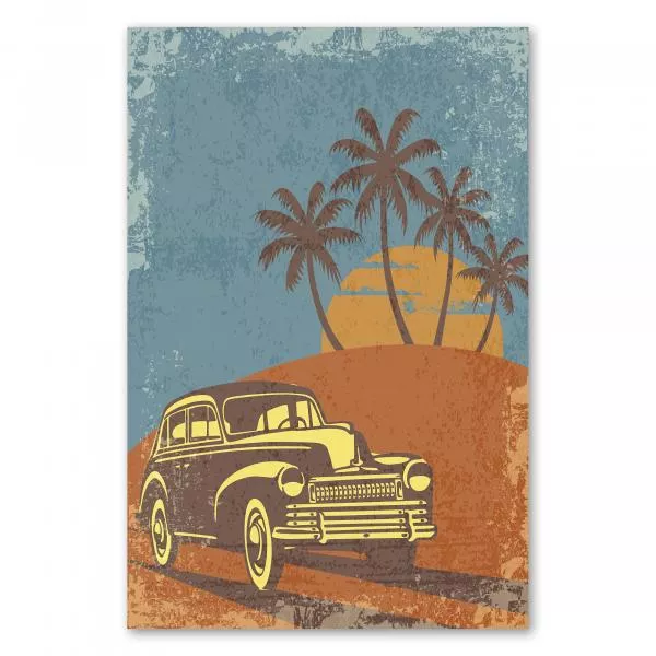 Ein Oldtimer fährt entlang eines Palmenstrandes im Sonnenuntergang - Retro-Charme und Fernweh-Feeling! Ein Oldtimer fährt entlang eines Palmenstrandes im Sonnenuntergang - Retro-Charme und Fernweh-Feeling!