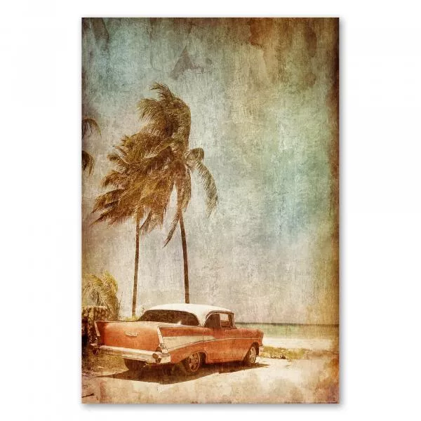 Ein roter Oldtimer parkt unter Palmen an einem sonnigen Strand. Das Bild erinnert an Urlaub und Nostalgie in Kuba. Ein roter Oldtimer parkt unter Palmen an einem sonnigen Strand. Das Bild erinnert an Urlaub und Nostalgie in Kuba.