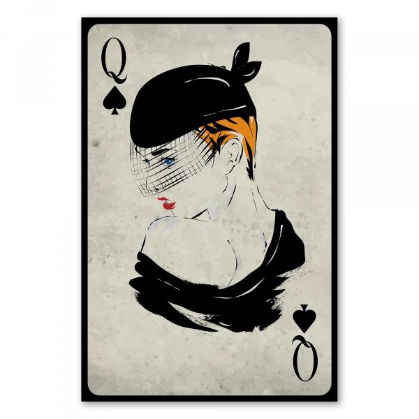 Spielkarte Pik Dame mit wunderschöner Frau im schwarzen Hut mit Schleier.
