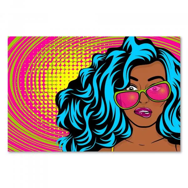 Eine Frau mit blauen Haaren und pinker Sonnenbrille im Pop-Art-Stil - ein Blickfang, der gute Laune verbreitet. Eine Frau mit blauen Haaren und pinker Sonnenbrille im Pop-Art-Stil - ein Blickfang, der gute Laune verbreitet.