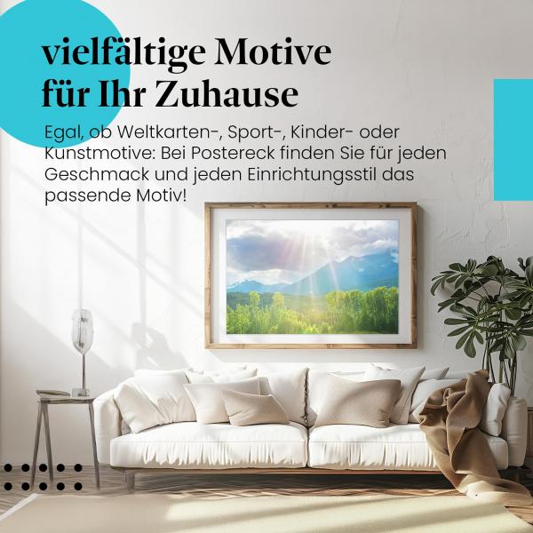 Leinwandbild "Berge & Wälder": Sonnenstrahlen, grüne Landschaft - beeindruckend!