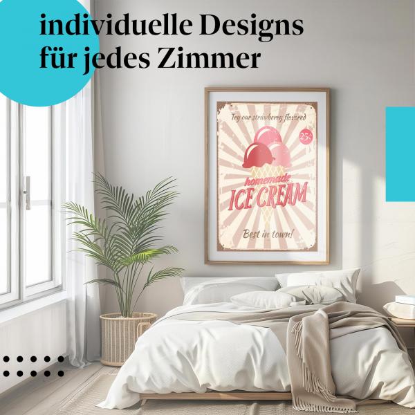 Schlafzimmer Deko: Minimalistisches Zimmer mit "Hausgemachtes Eis" Poster. Wanddeko für Eisdielen.