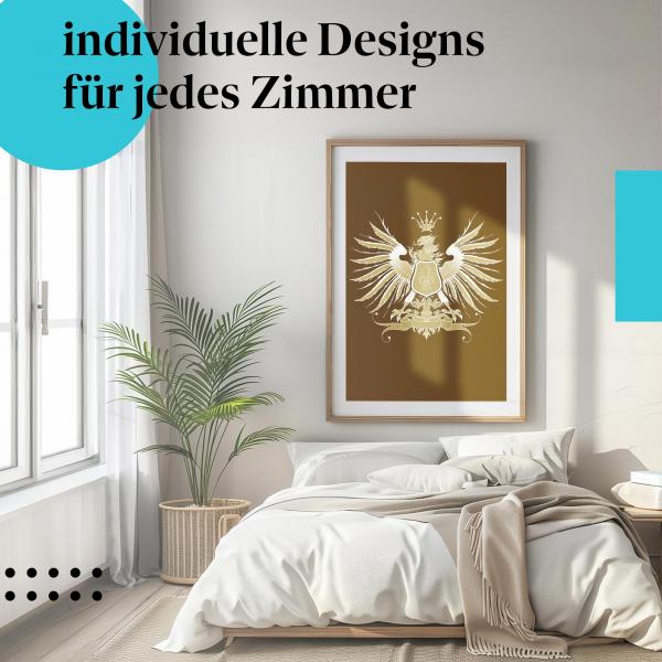 Schlafzimmer Deko: Modernes Schlafzimmer mit "Goldenes Wappen" Poster. Wanddeko im Vintage-Stil.