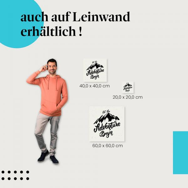 "Lass das Abenteuer beginnen" - Abenteuerlustiges Design mit Bergen und Wald als Leinwandbild.