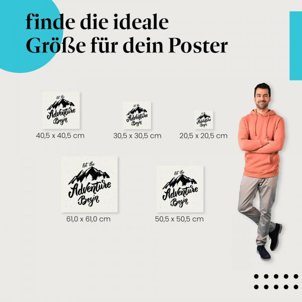 Wähle die ideale Postergröße: "Lass das Abenteuer beginnen" - Design mit Bergen und Wald.