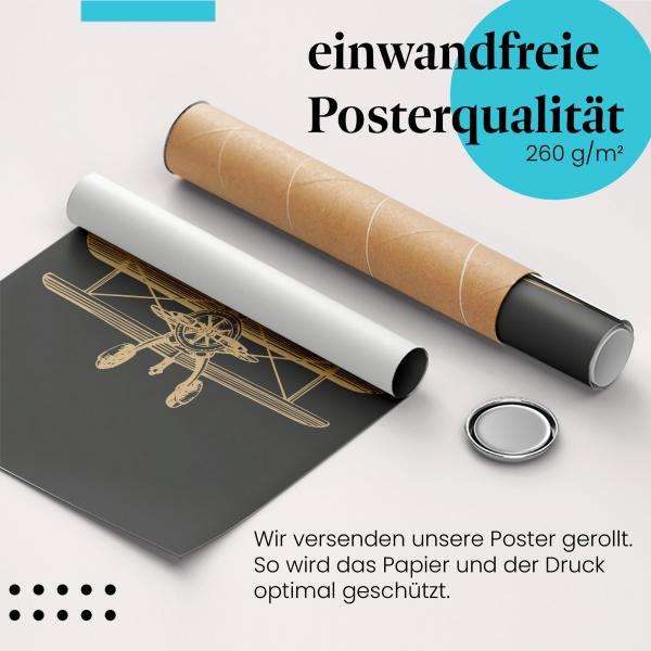 Gerolltes Poster "Let the Adventures Begin". Goldener Doppeldecker, sicher verpackt.