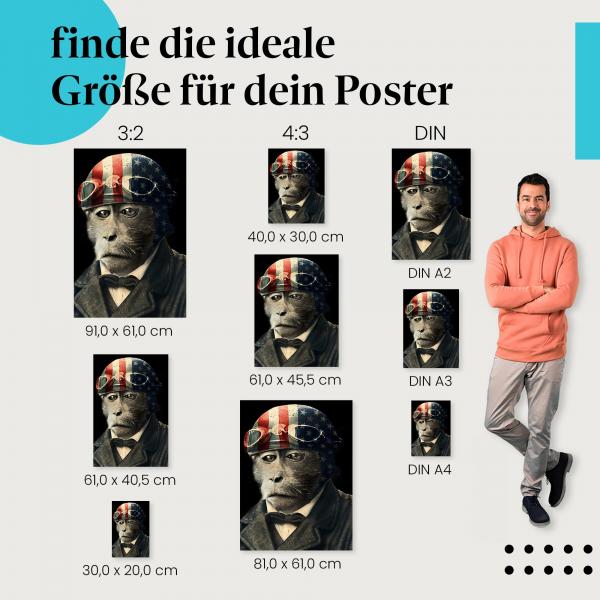 "Affe mit Fliegerhelm" Poster. Finde die richtige Grösse und bringe den coolen Look in dein Zuhause.