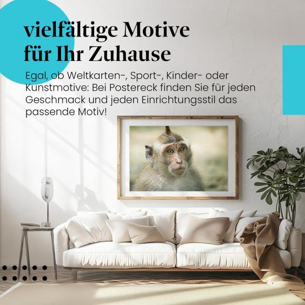 Stylisches Leinwandbild: Neugieriger Blick - Porträt eines jungen Makaken.