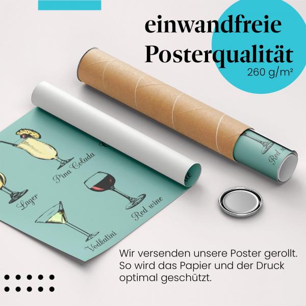 Gerolltes Poster "Getränkevielfalt". Alkoholische Getränkevielfalt, sicher verpackt.