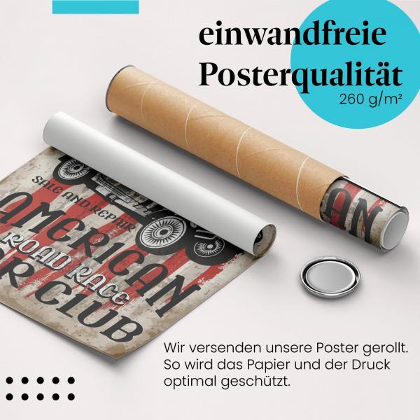 Gerolltes Poster "American Road Race Car Club". Rennauto vor US-Flagge, sicher verpackt.