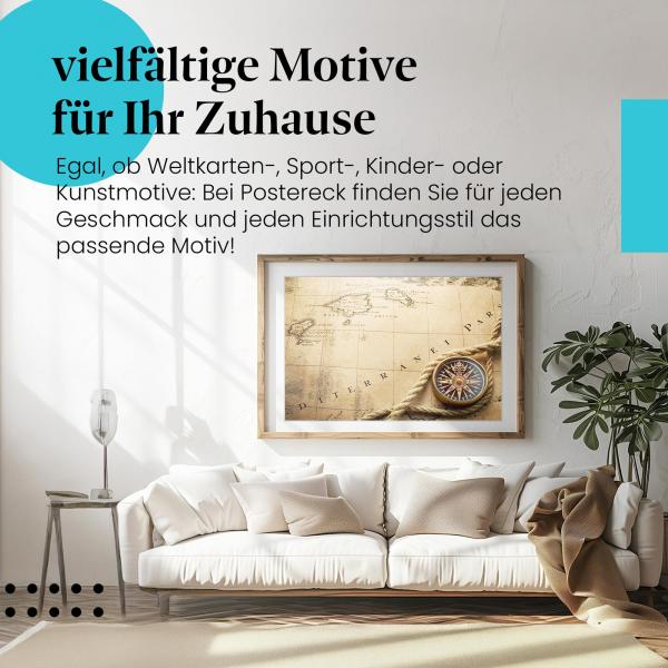 Leinwandbild "Antike Weltkarte & Kompass: Abenteuerlust pur". Wanddeko für alle, die Abenteuer und Reisen lieben.
