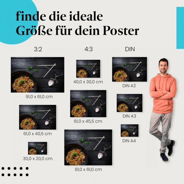 Nudelpfanne, Poster: Asiatisch, Hähnchen, Wok, Stäbchen.