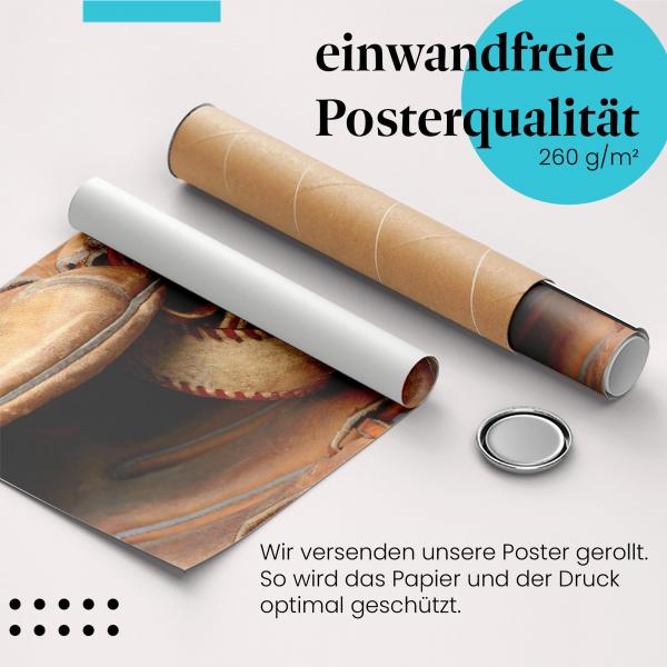 Gerolltes Poster "Baseballhandschuh". Abgenutzt, Ball.