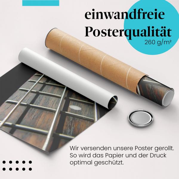 Gerolltes Poster "Bassgitarre". Tiefe Töne, Detailansicht.