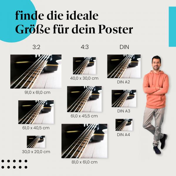 E-Bass, Poster: Holzboden, Saiten, Kontrast.