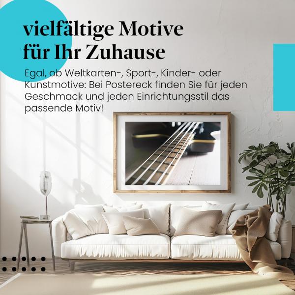 Leinwandbild "E-Bass": Holzboden, Saiten - stimmungsvolles Motiv.