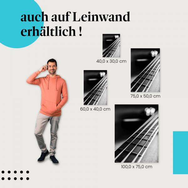 E-Bass: Leinwandbild. Hals, Nahaufnahme, schwarz-weiß.