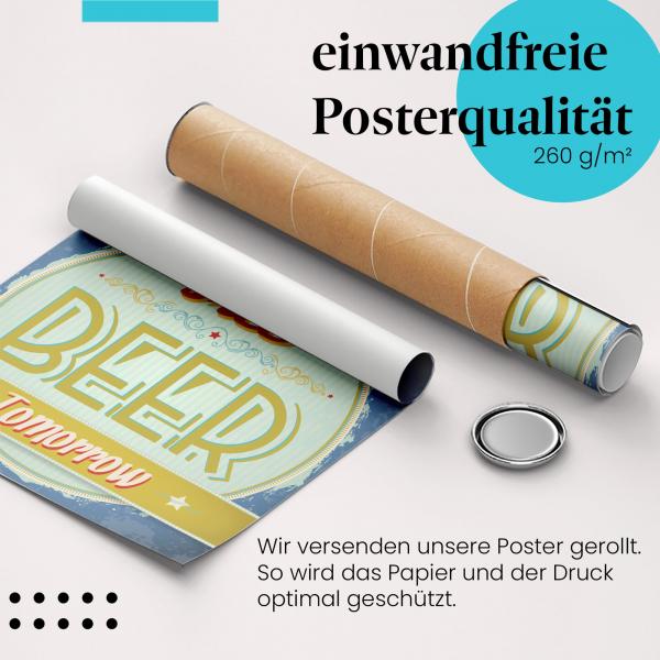 Gerolltes Poster "Gratis Bier Morgen" - Witzige Retro-Werbung, sicher verpackt.
