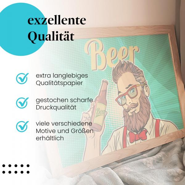 Mann mit Bart genießt Bier im Pop-Art Stil: Genuss pur.