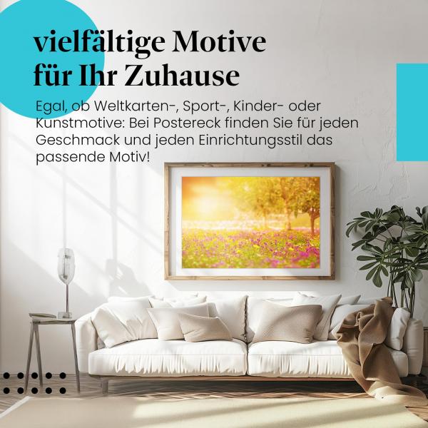 Dieses Leinwandbild mit der Blumenwiese im Sonnenuntergang strahlt Ruhe und Harmonie aus.