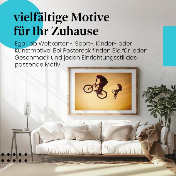 Dieses Leinwandbild mit den BMX-Fahrern im Abendlicht ist ein Blickfang für alle, die Action und Sport lieben.