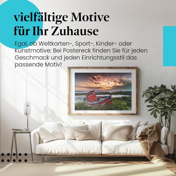 Stylisches Leinwandbild: Letzter Ankerplatz: Altes, rotes Boot am Ufer.