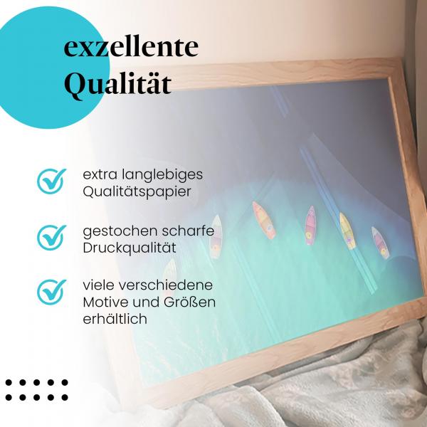 Gerahmtes Bild "Boote". Meer, bunte Farben, Draufsicht.