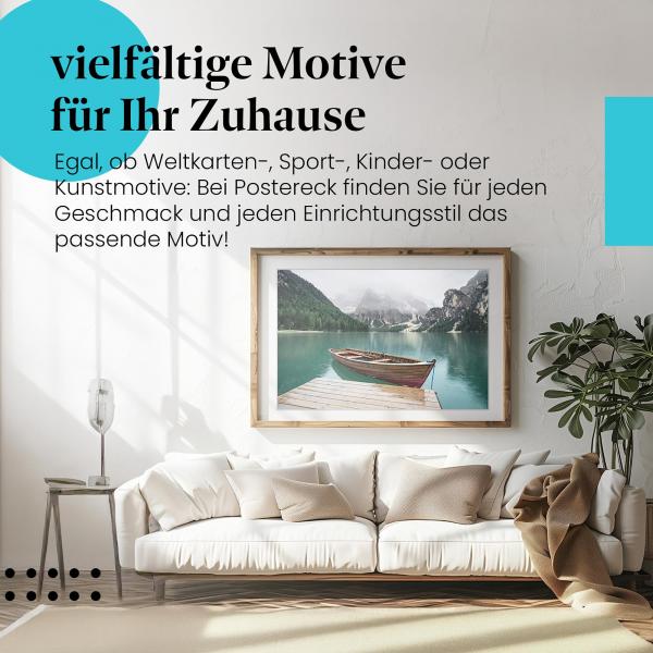 Leinwandbild "Bergsee": Holzsteg, Boot, Berge - Ruhe & Harmonie.
