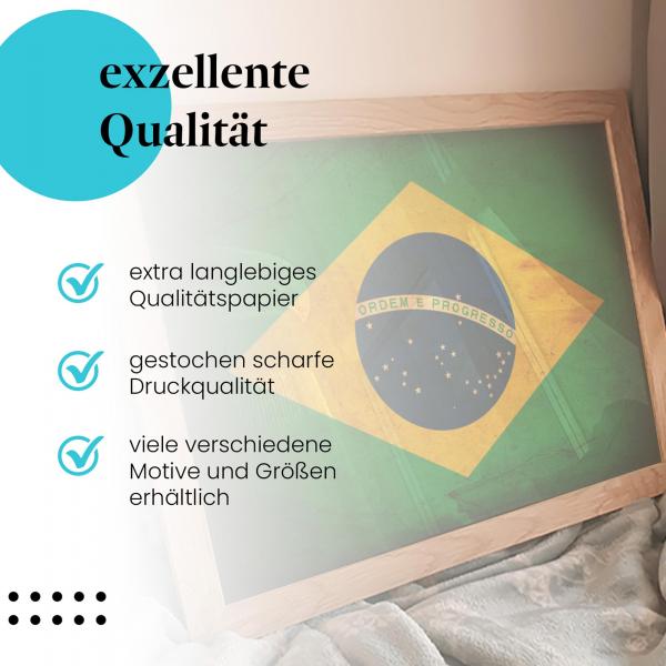 Gerahmtes Wandbild "Brasilien Flagge". Hochwertig gedruckt, langlebig. Verschiedene Motive und Größen.