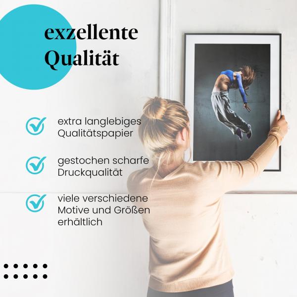 Gerahmtes Wandbild "Breakdance - Springender Tänzer", langlebiges Papier, verschiedene Größen erhältlich.